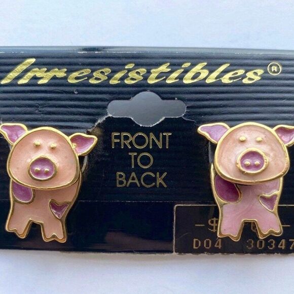 Vintage Irresistibles Piggy PIG Earrings 80s Pierced Metal Front to Back Style - Picture 8 of 8